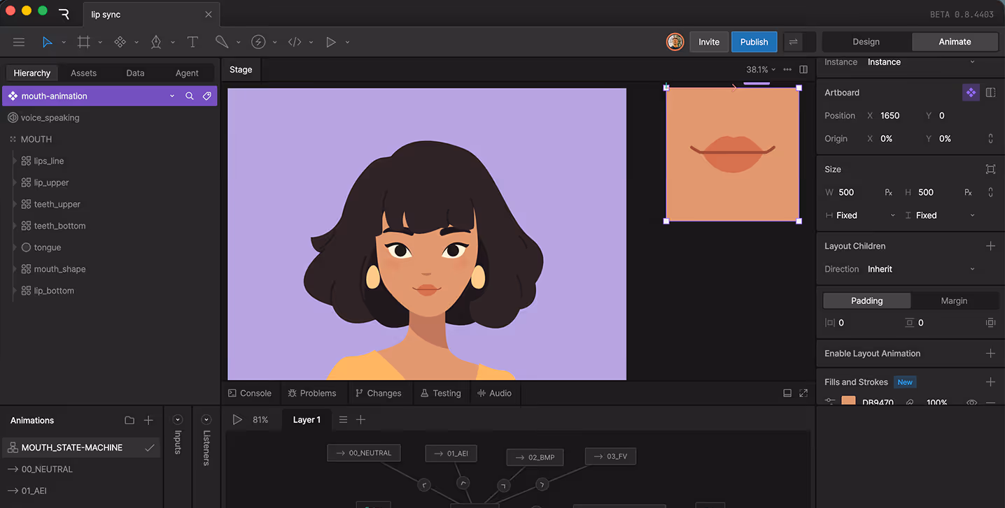How I built a real-time lip sync character in Rive. Rive app screenshot.